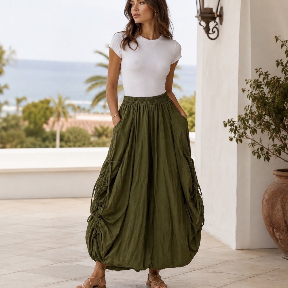 Thaluta Maxi Skirt Womens One Size Olive Lagenlook Ruched Cotton Boho Pockets